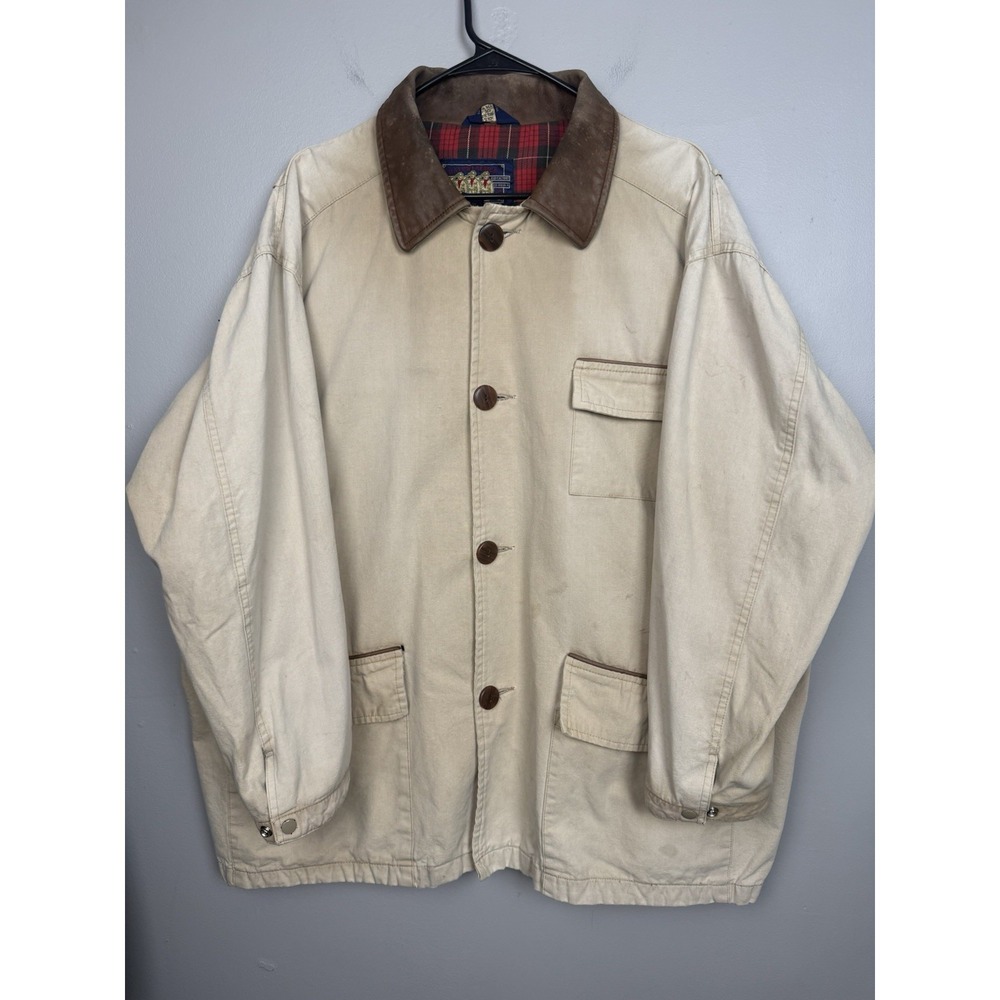 Vtg Ralph Lauren Chore Barn Coat Distressed Workwear Plaid‎ Lined Leather Collar